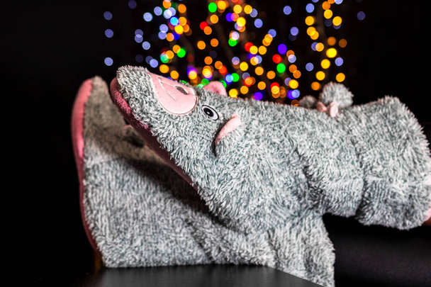 Legs in winter Christmas socks on blurred lights - Valokuva, kuva