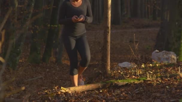 SLOW MOTION: Nuori nainen kutoma kävellessään metsässä kompastuu tukki. - Materiaali, video