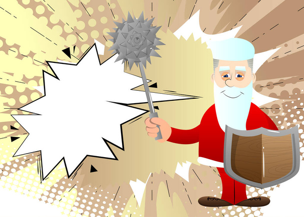 Święty Mikołaj w czerwonych ubraniach z białą brodą trzymający kolczasty maczugę i tarczę. Ilustracja postaci z kreskówki wektora. - Wektor, obraz