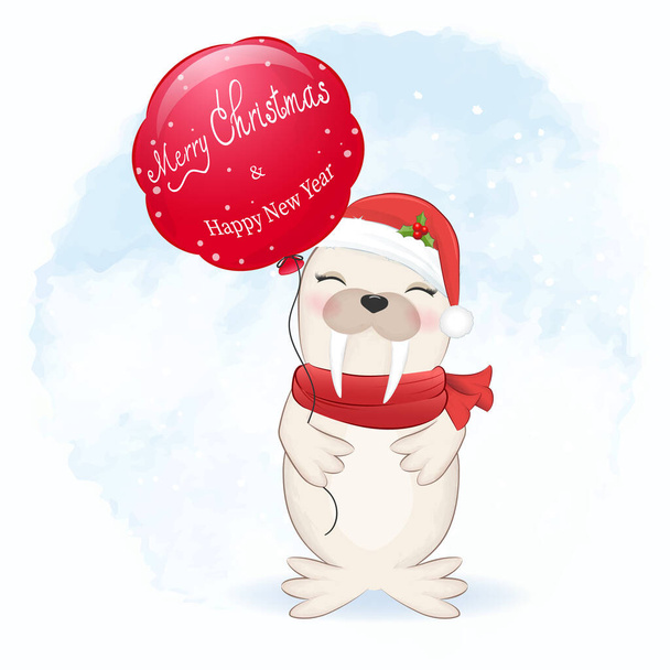 Симпатичный морж и красный воздушный шар мультфильм арктическое животное Рождественская иллюстрация - Вектор,изображение