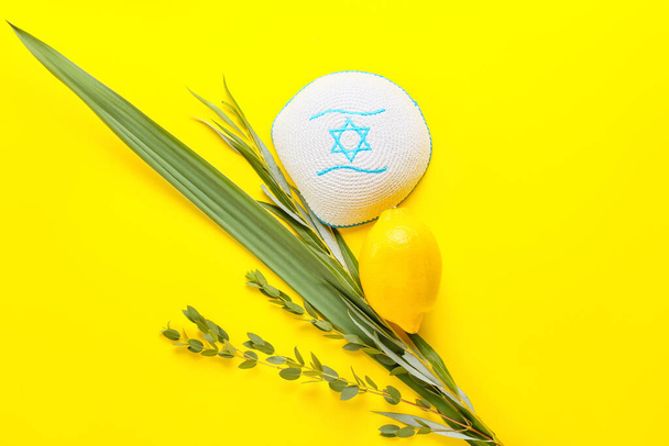 Símbolos del festival Sukkot sobre fondo de color - Foto, Imagen