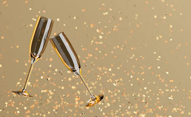 bicchieri di champagne galleggianti nell'aria con coriandoli color oro lucido sullo sfondo. concetto di nuovo anno, celebrazioni e brindisi. copiare spazio. rendering 3d - Foto, immagini