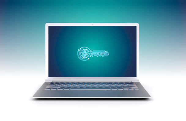 Ιός ransomware σε οθόνη υπολογιστή - κρυπτογράφηση κλειδιού σε σκούρο μπλε λουκέτο φόντου - Φωτογραφία, εικόνα