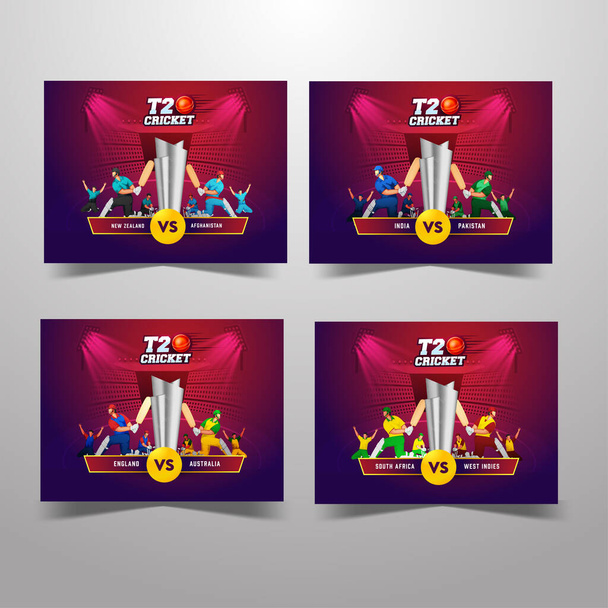 Set Of T20 Cricket Match Between Different Country Team With Cricketer Player And 3D Silver Trophy Cup On Red And Violet Stadium Background. - Vector, Imagen