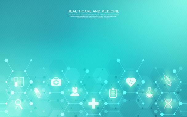 Lékařské zázemí s plochými ikonami a symboly. Návrh šablony s koncepcí a myšlenkou pro zdravotnické technologie, inovační medicínu, zdraví, vědu a výzkum. - Vektor, obrázek