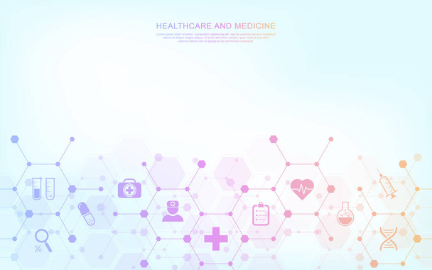 Orvosi háttér és egészségügyi technológia lapos ikonok és szimbólumok. Az egészségügyi üzletág, az innovációs orvostudomány, az egészségbiztonság, a tudomány, az orvosi kutatás és fejlesztés koncepciója és ötlete. - Vektor, kép