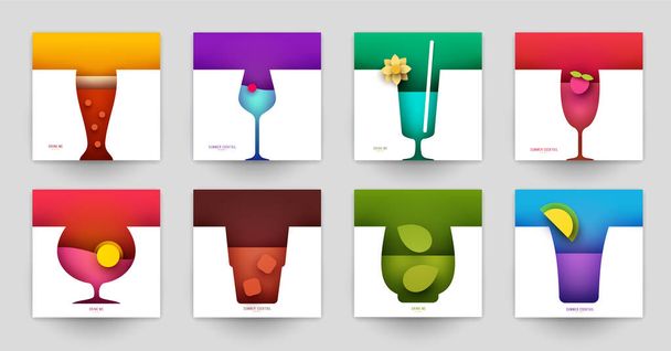 Set of abstract silhouette cocktails with alcohol or juice in minimalistic geometric flat style. Creative colorful composition. Concept for branding menu, cover, flyer, banner. Vector illustration. - Vektor, obrázek