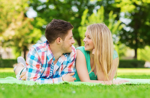 smiling couple lying on blanket in park - Photo, image