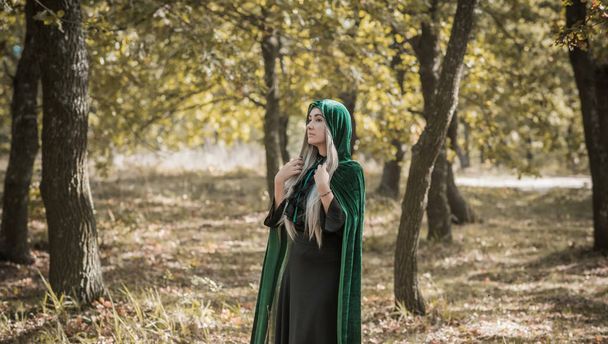 Temný mystický les, halloweenské nápady na párty, dámské oblečení, koncept mágů a kouzel - Fotografie, Obrázek