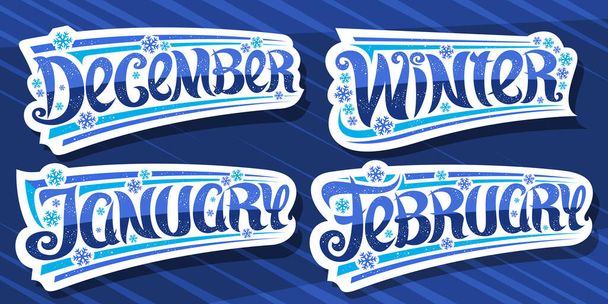 Vector set for Winter, white logos with curly calligraphic font, illustration of falling snow flakes and decorative stripes, collection of cut out badges with unique brush lettering on blue background - Vector, Image
