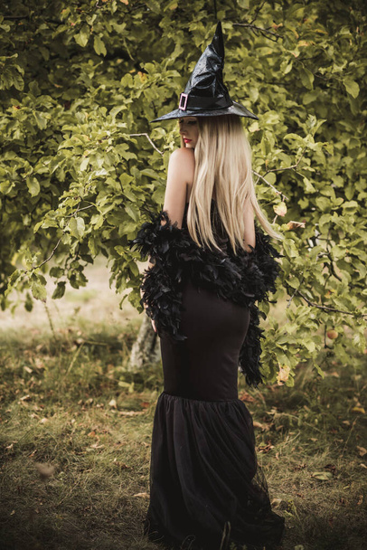 Halloween party koncept, tajemná dívka v černých šatech. Krásná mladá tmavá čarodějka. Inspirace pro halloweenskou oslavu, nápady a jednoduché detaily - Fotografie, Obrázek