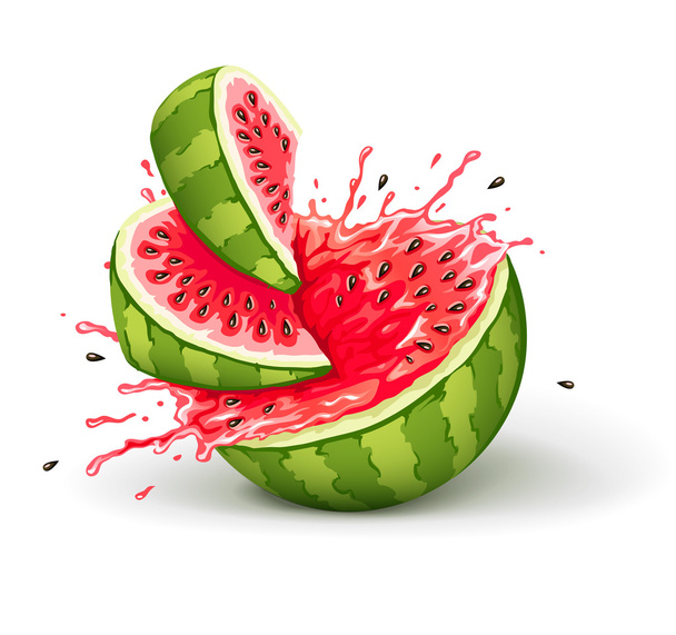 saftige Reife Wassermelone Schnitte mit Spritzern von Saft Tropfen - Vektor, Bild