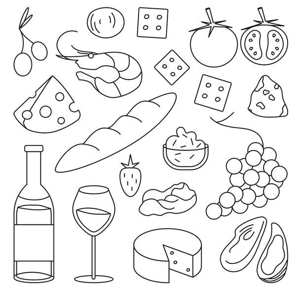 赤ワインとスナックの手描きのドアセット概要。赤ワイン、オリーブ、カマンベール、チーズ、イチゴ、ブドウ、カキ、エビ、クラッカー、バゲット、トマト、プロシクトのボトル - ベクター画像