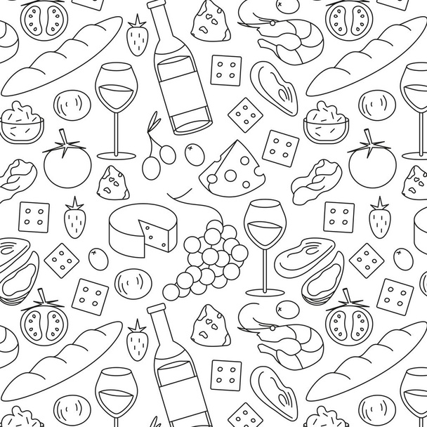 Бесшовный рисунок красного вина и закусок. Бутылка красного вина, оливки, камамбер, сыр, клубника, виноград, устрица, креветки, крекеры, багет, помидор, прошутто - Вектор,изображение