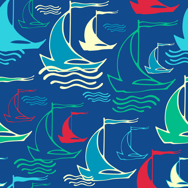 Seamless pattern with decorative retro sailing ships on waves - Vecteur, image