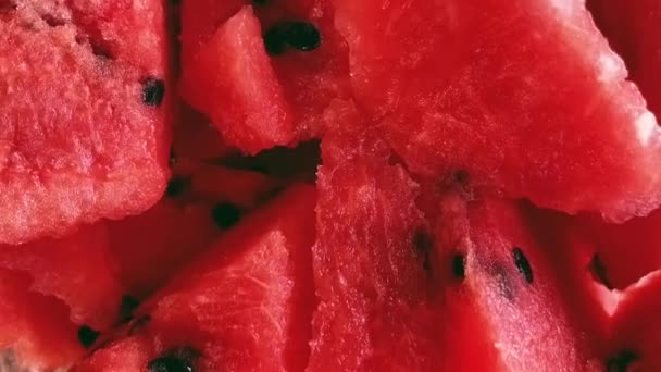 Κοντινό καρπούζι, κομμένα σε φέτες φρέσκα βιολογικά φρούτα, εποχιακά τρόφιμα και υγιεινή διατροφή - Πλάνα, βίντεο