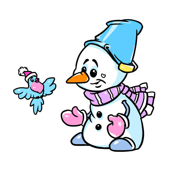 Little cute snowman kid bird greeting card new year illustration - Foto, Imagen