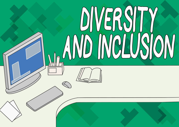Inspiration showing sign Diversity And Inclusion. Conceptual photo range human difference includes race ethnicity gender Office Desk With Computer Pen Holder And Open Blank Notebook. - Photo, Image
