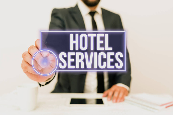 Teksti osoittaa inspiraatiota Hotel Services. Internet Concept Tilat Majoitus- ja majoituspalvelut Viestintätekniikan esittely Älypuhelin Ääni- ja videopuhelut - Valokuva, kuva