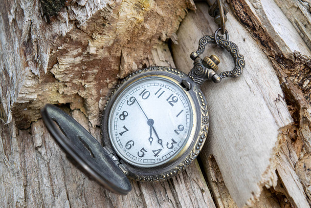 Ročníkové kapesní hodinky ležící na zemi, detailní záběr, selektivní zaměření - Fotografie, Obrázek