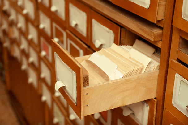 Closeup view of library card catalog drawers - Zdjęcie, obraz
