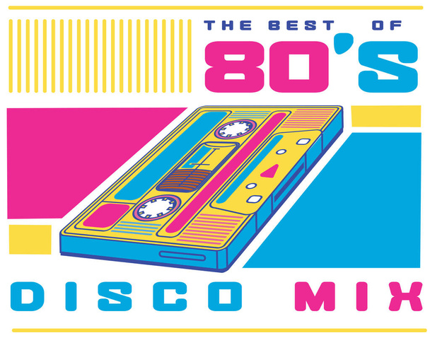 retro musical design card with colorful audio cassette, 80s disco mix  - Vector, Image