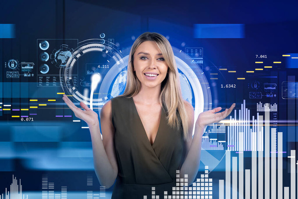 Attractive blonde business woman does not know how to protect corporate information in international company. Digital data security hologram interface on background. - Foto, Imagen