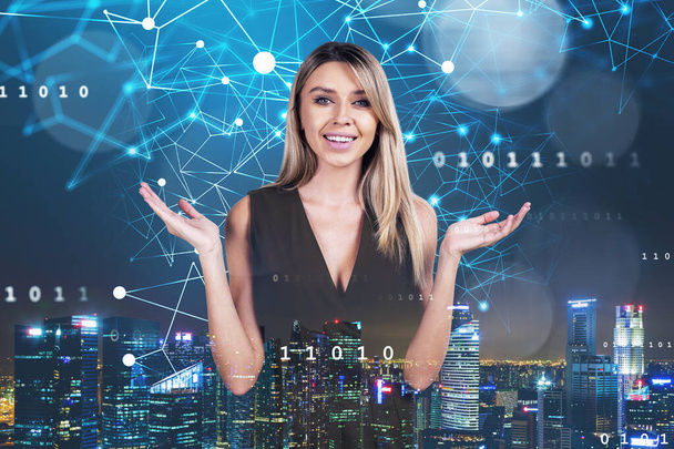 Attractive blonde business woman does not know how to protect corporate information in international company. Hologram interface of digital data dots and connections. Night Singapore on background. - Фото, зображення