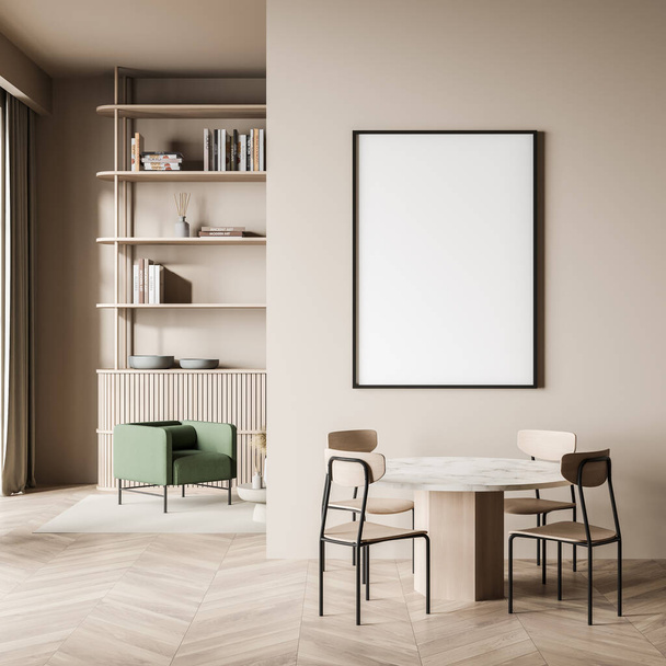 Empty canvas in small beige dining room interior with green armchair in background. Parquet floor. Concept of modern living space. Mock up. 3d rendering - Фото, зображення