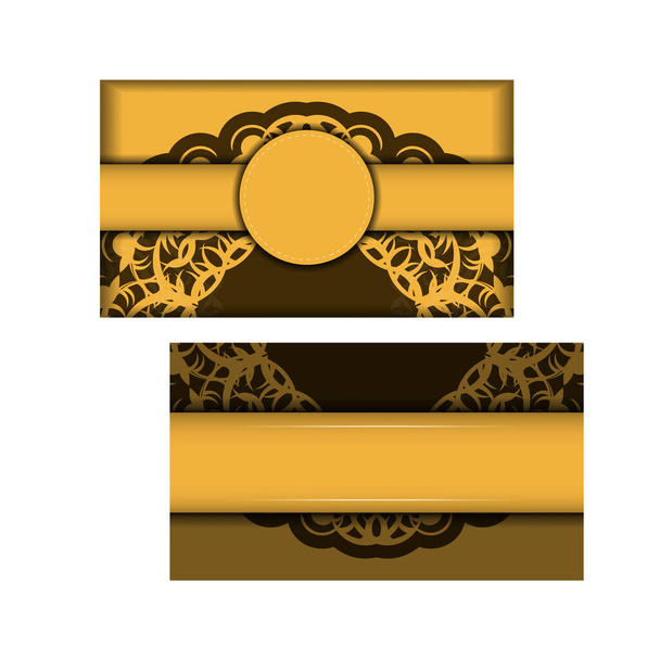 Plantilla Postal en color amarillo con adorno marrón mandala preparada para tipografía. - Vector, Imagen