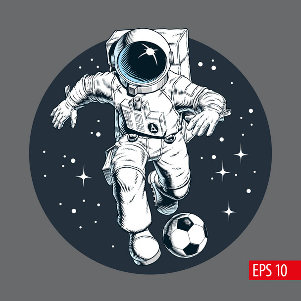 Űrhajós focizik vagy focizik az űrben. Játékos csöpög a labdát. Nyomtatás, poszter vagy banner. Képregény stílusú vektor illusztráció. - Vektor, kép