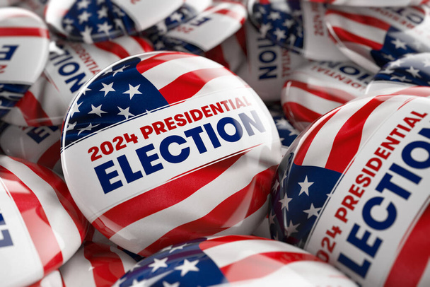 Closeup shot of one presidential election button in focus in between many other buttons in a box. Selective focus with shallow depth of field. 3D illustration. - Photo, Image