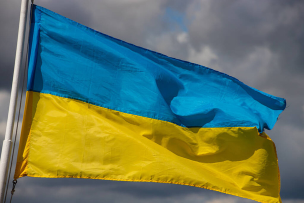 Ukrajina mávání vlajkami na vítr proti modré obloze. - Fotografie, Obrázek