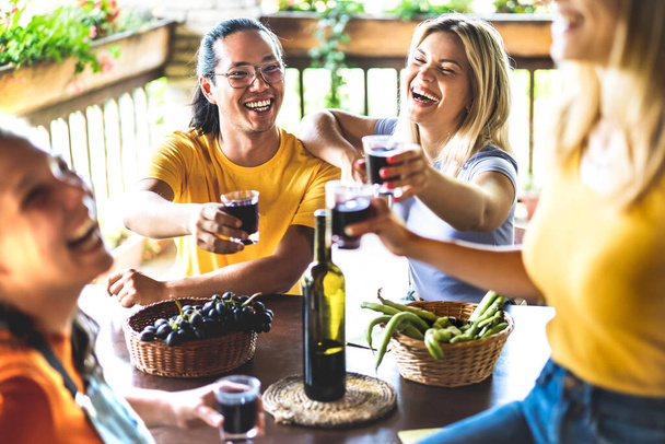 Des amis heureux s'amusent à boire au patio du vignoble - Concept d'amitié avec les jeunes profitant de la récolte ensemble à la ferme - Dégustation de vin rouge à une expérience unique en plein air - Filtre à contraste chaud - Photo, image