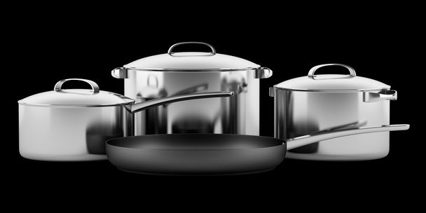 vier koken pannen geïsoleerd op zwarte achtergrond - Foto, afbeelding