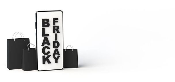 Fekete péntek banner okostelefonnal és bevásárlótáskákkal. 3D illusztráció. Fénymásolási hely. - Fotó, kép