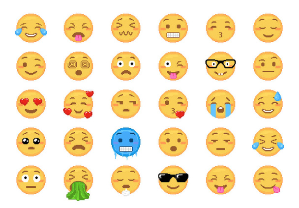 pixel art emoji collectie. set van gele gezicht glimlacht in 8 bit video game retro stijl. Pixel kunst vector emoticons bundel. Happy, lovely, kiss, nerd, duizelig, cool, ziek en andere pixel emoji. - Vector, afbeelding