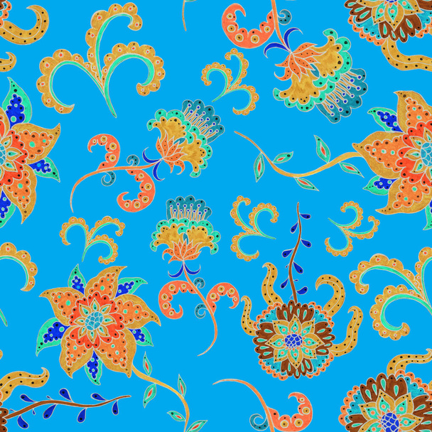 Watercolor seamless pattern with folky flowers and leaves in ethnic style. Floral decoration. Traditional paisley pattern. Textile design texture.Tribal ethnic vintage seamless pattern. - Photo, Image