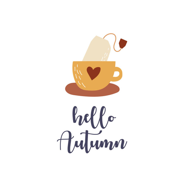 Hello autumn lettering with cup and tea bag. Cup with heart. Fall season - Vektör, Görsel