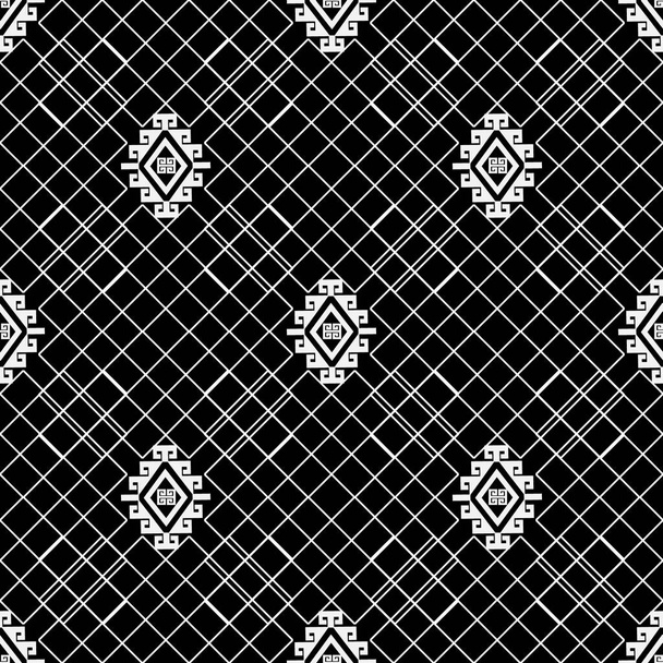 Grid seamless pattern. Textured ornamental black and white background. Repeat tribal ethnic traditional style backdrop. Lattice ornament with lines, greek key, meanders, rhombus. Elegant simple design - Вектор, зображення
