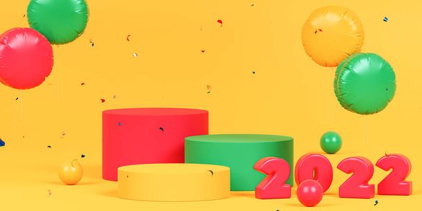 Weihnachts- oder Neujahrsfeiertage Hintergrund mit Podesten oder Podesten, rote Zahlen 2022 mit Konfetti und Luftballons, 3D-Rendering - Foto, Bild