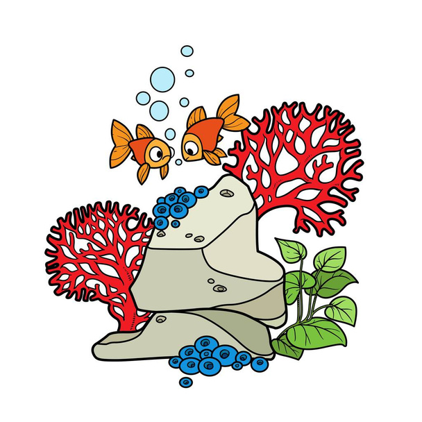 Corals, sea sponges and algae grow on a stone nearby fish swim  color variation for coloring page isolated on white background - Διάνυσμα, εικόνα