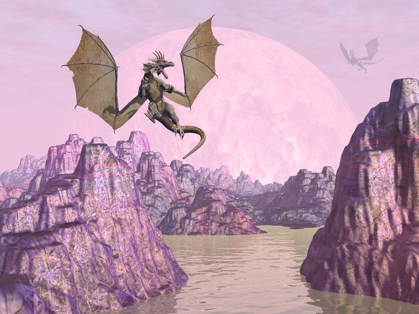 Dragones sobre rocas - 3D render
 - Foto, imagen