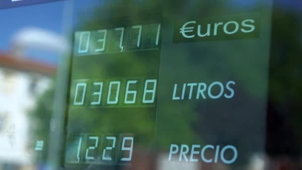 Closeup of price gasoline soars, fuels taxed by government taxes. People filling up a car tank at petrol station. Unleaded gasoline and diesel gas station pump in Spain. Fueling vehicle at oil company - Footage, Video