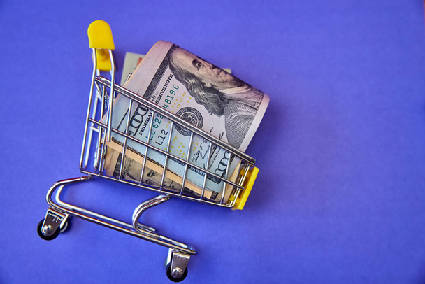 concept - curled dollar banknotes lie in Shopping Cart Trolley against the purple background - Foto, Bild