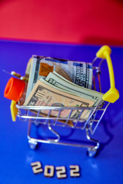 concept - Inscription 2022 and Shopping Cart Trolley with curled dollar banknotes and with a plate of pills and a medical tube against the purple and magenta background - Fotoğraf, Görsel