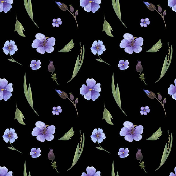 Seamless pattern with black background of wild blue violet flowers and herbs illustrations hand drawn with watercolors including blueish blossoms, buds, herbal stems and green leaves - Photo, image