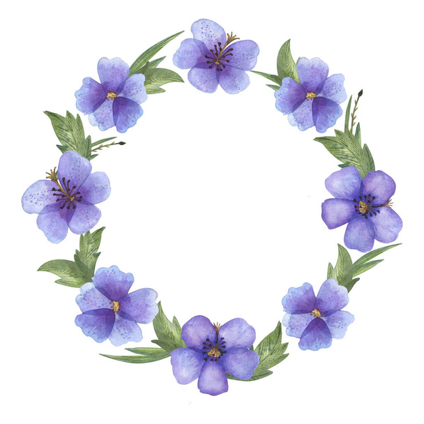 Wreath of wild blue violet flowers illustration hand drawn with watercolors with blueish blossoms and green leaves - Foto, Imagen
