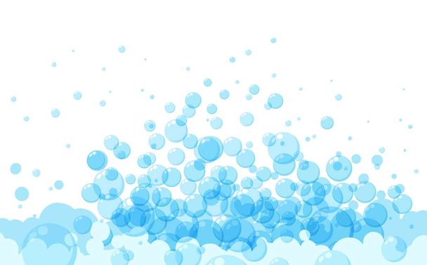 Soap bubbles in cartoon style. A foam sample with blue round shapes. Vector illustration of a card with shampoo or drinking foam. Simple soap background. Oxygen circles fly up - Vector, Image