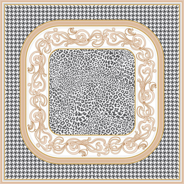 Art deco Shawl s secesním květinovým vlysem, černo-bílým hafanem, leopardí kůží, zlatým barokním kabelovým rámem. Art Nouveau okraj vzor štětec v paletě štětce  - Vektor, obrázek